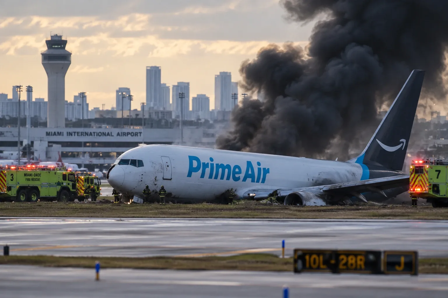 A kifutópályán túlfutott teherszállító repülőgépet és a helyszínre érkező mentőegységeket ábrázoló AI-generált illusztráció a Miami Nemzetközi Repülőtéren.