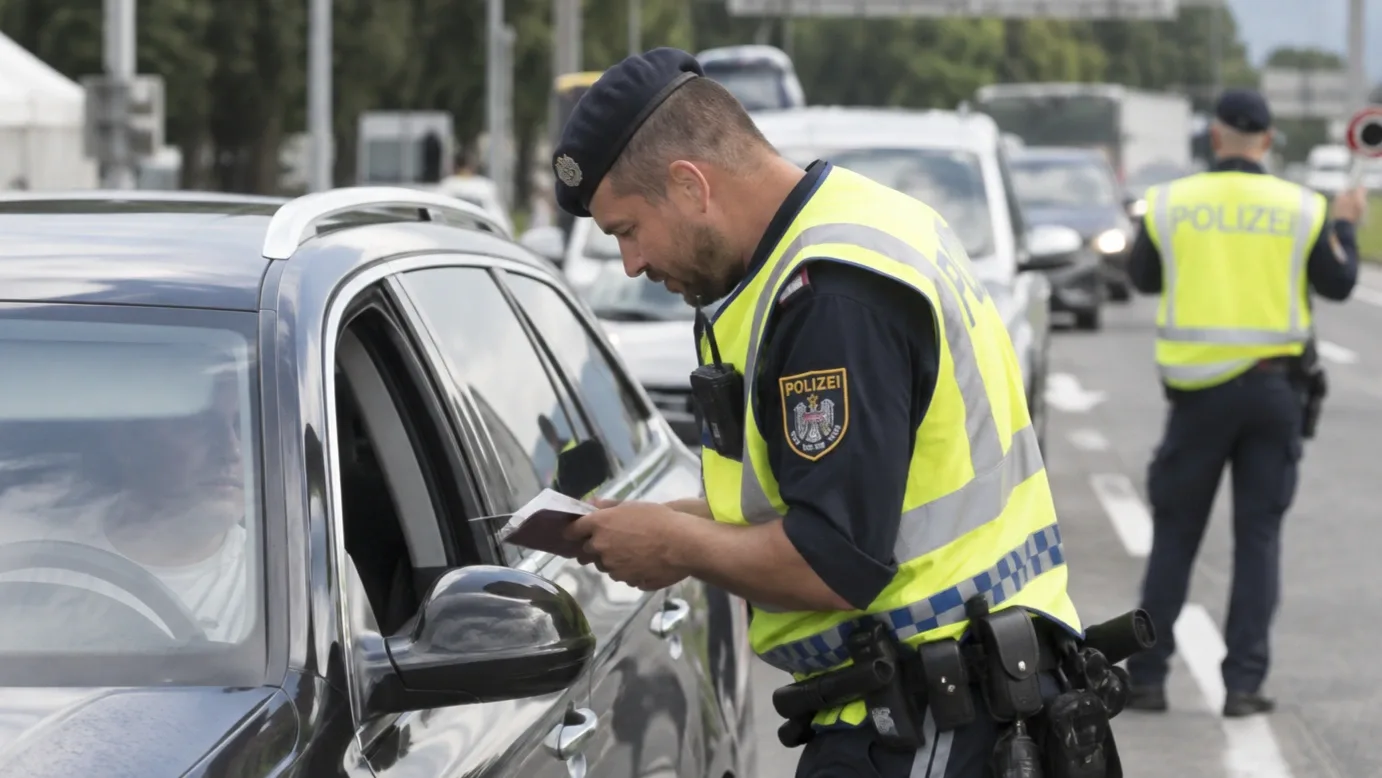 Osztrák rendőr ellenőrzi egy autós okmányait a határon, a háttérben feltorlódott járművekkel és további rendőri ellenőrzéssel.