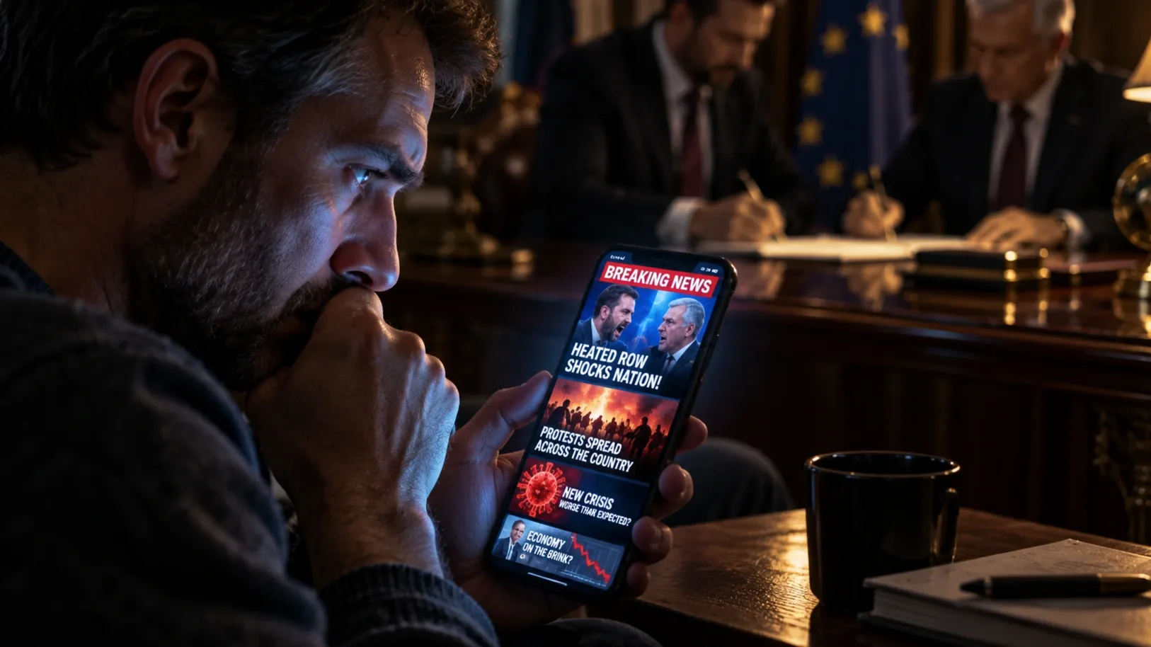 A világító okostelefon-kijelző, tele hírekkel és alkalmazás-ikonokkal, a digitális zajt és a figyelem elterelését szimbolizálja.