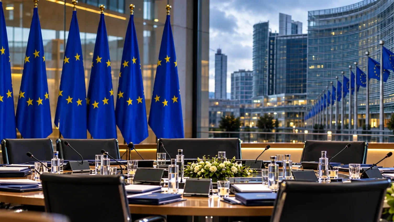 Üres uniós tárgyalóterem Brüsszelben, európai uniós zászlókkal, konferenciaasztallal és mikrofonokkal, háttérben az EU modern intézményi épületeivel.