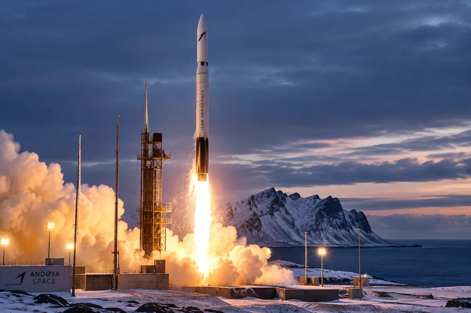A német Isar Aerospace Spectrum rakétájának norvégiai indítását ábrázoló AI-generált illusztráció.