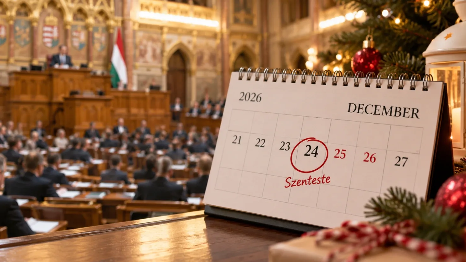A magyar Országgyűlés ülésterme karácsonyi díszítéssel és december 24-ét mutató naptárral. Illusztráció a szenteste munkaszüneti nappá nyilvánításáról szóló parlamenti javaslathoz.