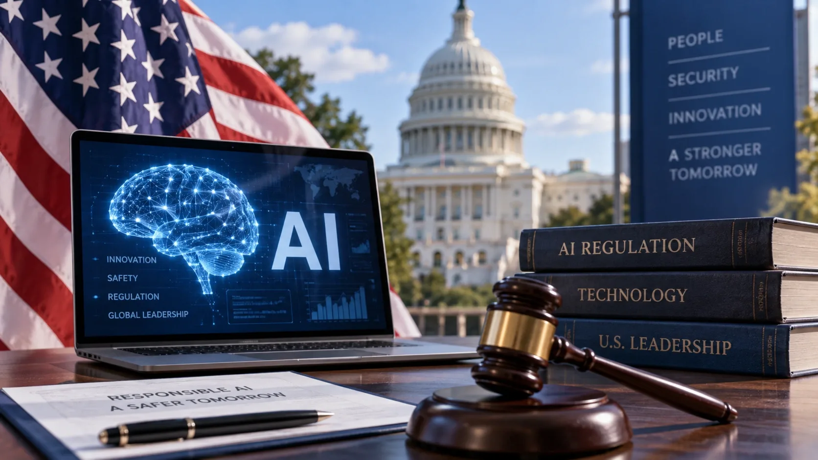 A mesterséges intelligencia amerikai szabályozását és technológiai versenyét szemléltető AI-generált illusztráció.