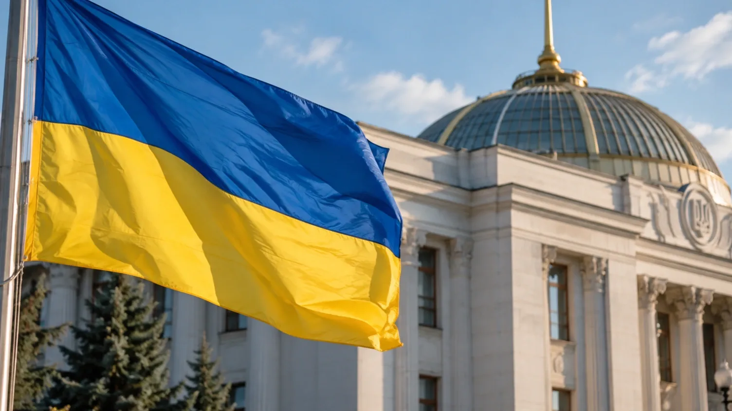Ukrán zászló leng a szélben a kijevi parlament épülete előtt, napsütéses időben.