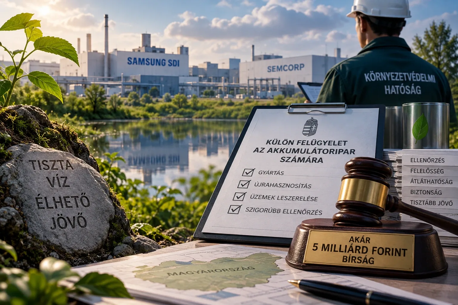 Akkumulátorgyárak és környezetvédelmi ellenőrzés Magyarországon, az ötmilliárd forintos bírságot jelképező illusztrációval