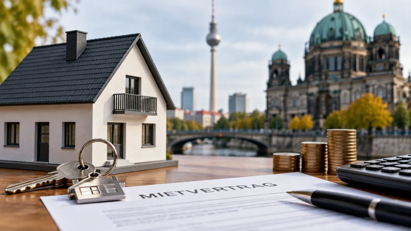 Lakóingatlan, kulcsok és pénz Berlin városképével a háttérben.