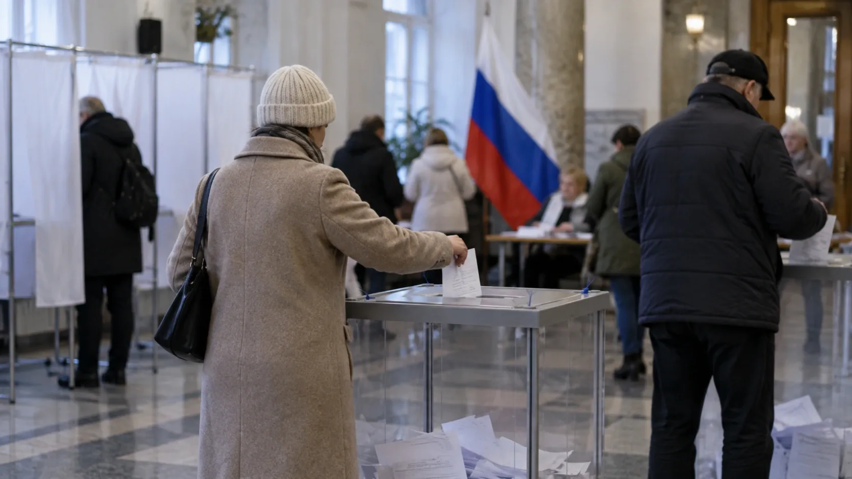 Szavazók adják le voksukat egy oroszországi szavazóhelyiségben.