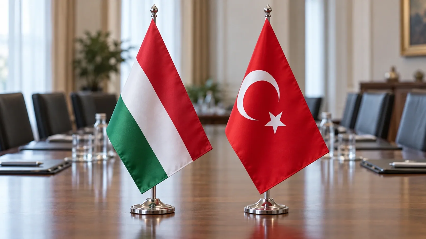 Magyar és török asztali zászló egy tárgyalóasztalon, háttérben üres székekkel.