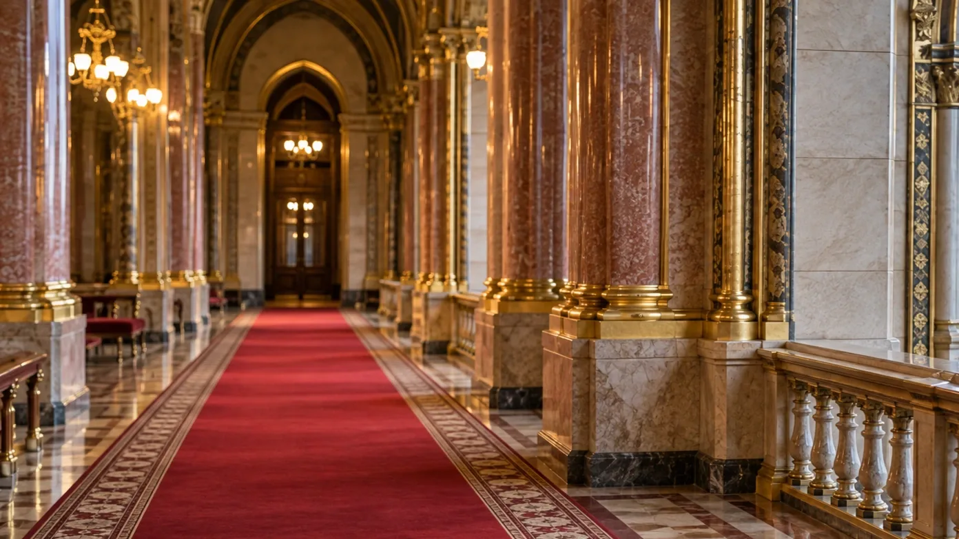 Üres országházi folyosó vörös szőnyeggel, márványoszlopokkal és a Parlament épületére nyíló kilátással.