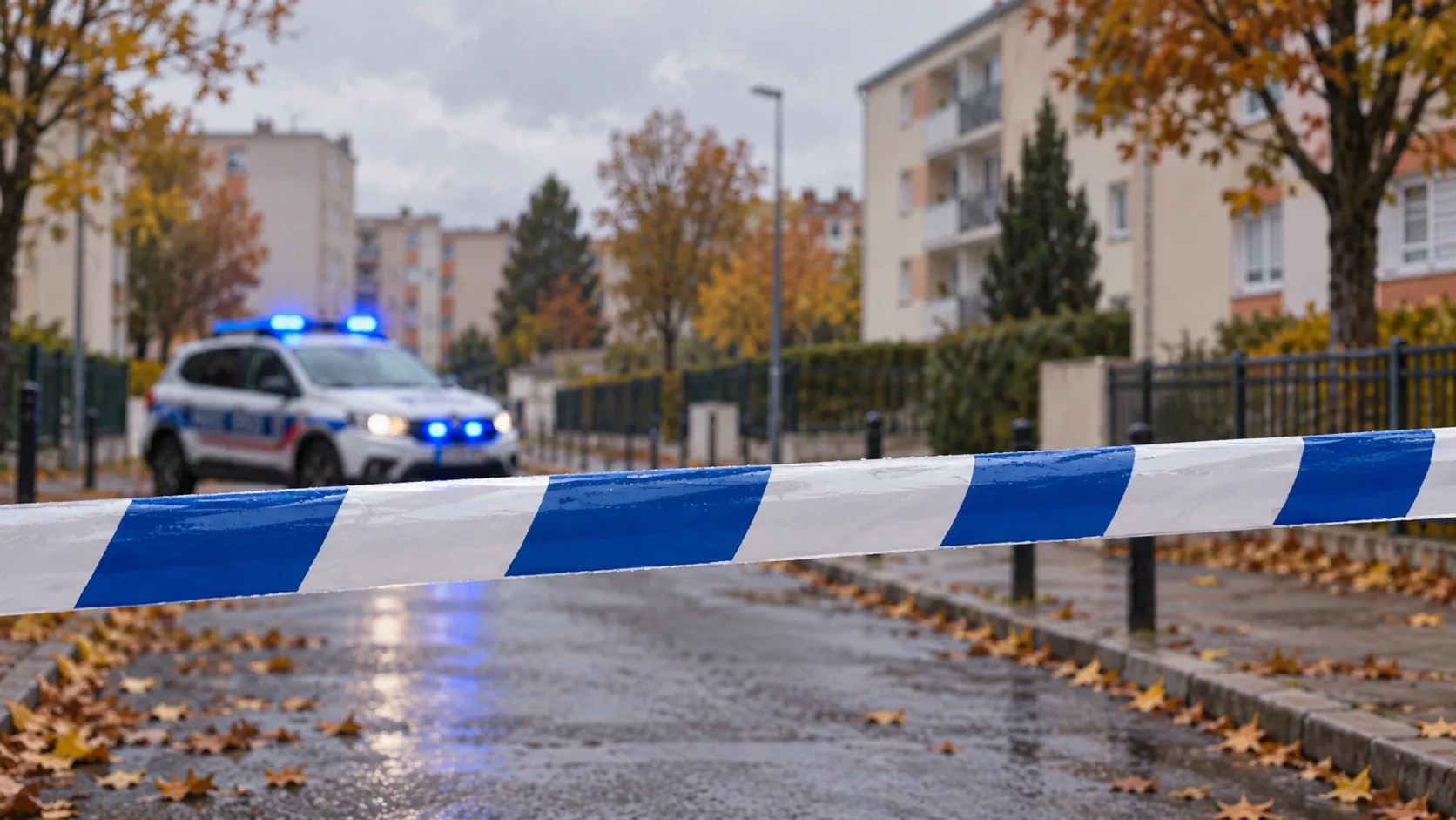 Kék-fehér kordonszalaggal lezárt utca, háttérben villogó rendőrautó és lakóépületek.