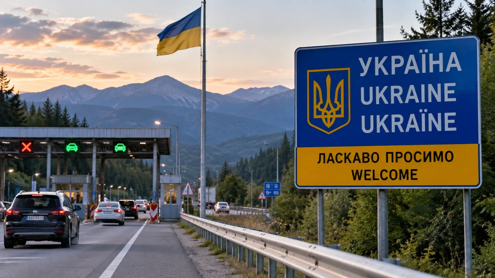 Ukrán zászló és határátkelő a Kárpátok hegyeivel a háttérben – AI-generált illusztráció