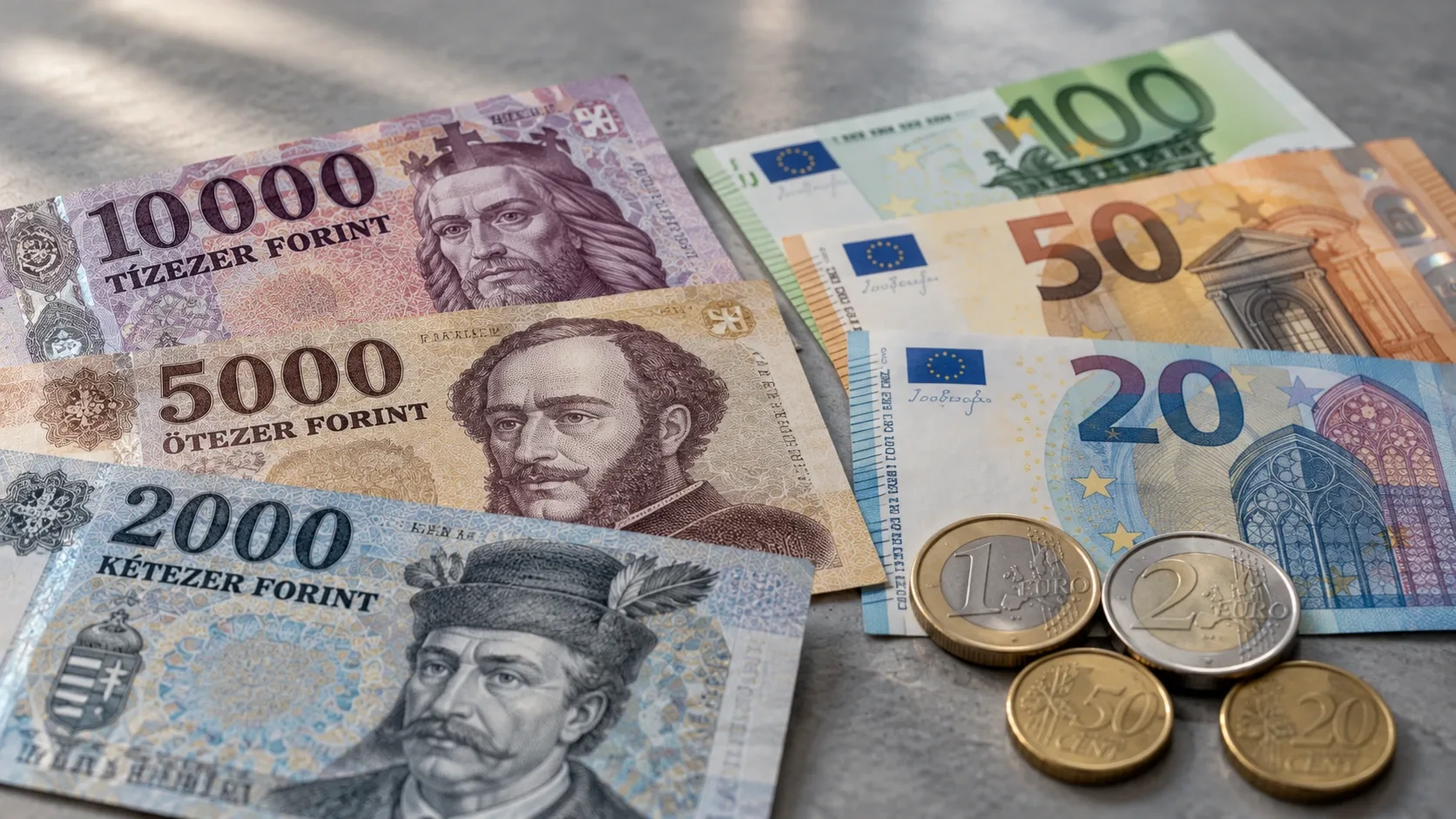 Forint- és euróbankjegyek, valamint euróérmék egymás mellett.