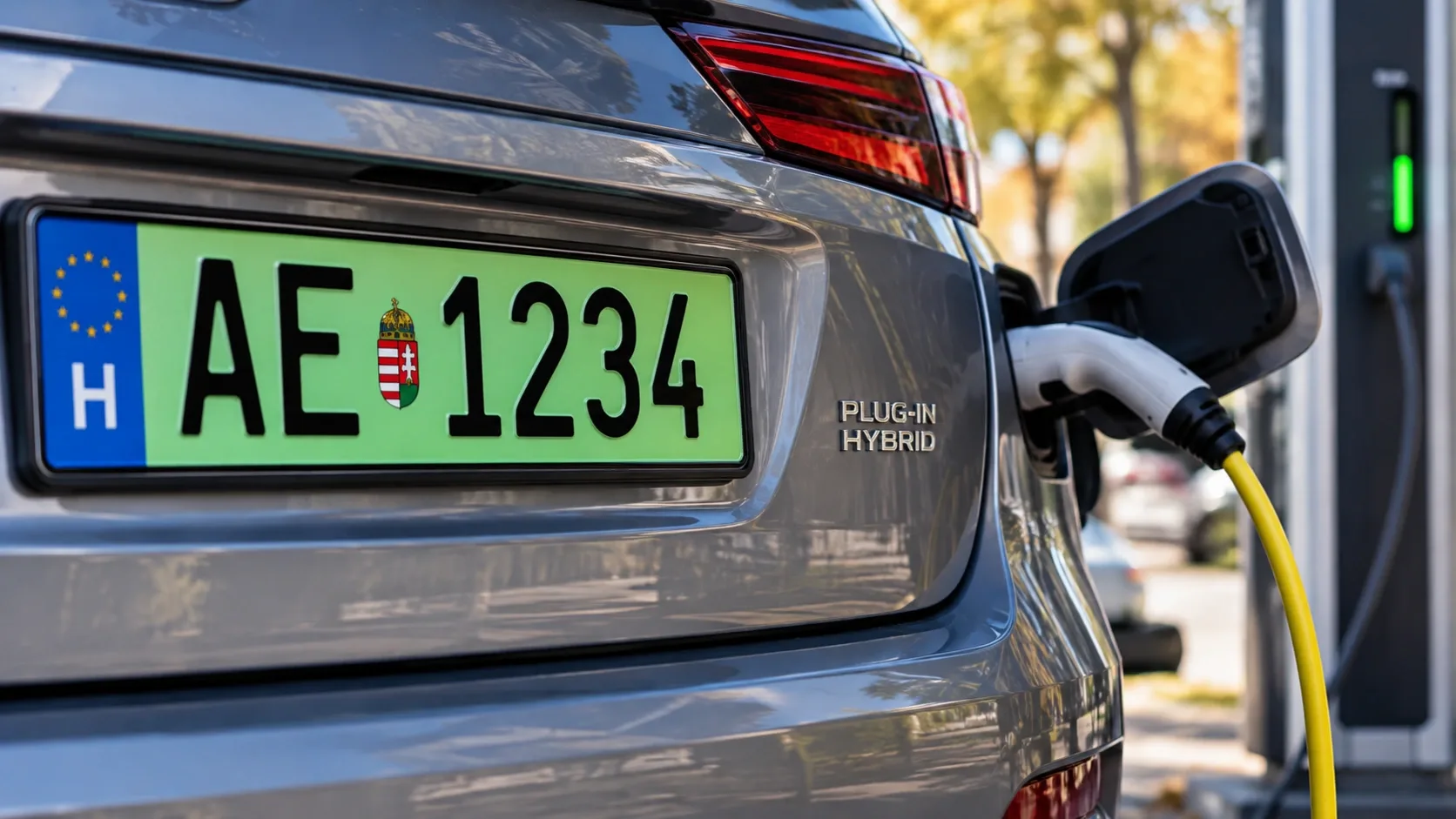 Zöld rendszámos plug-in hibrid autó elektromos töltőállomásnál – illusztráció.