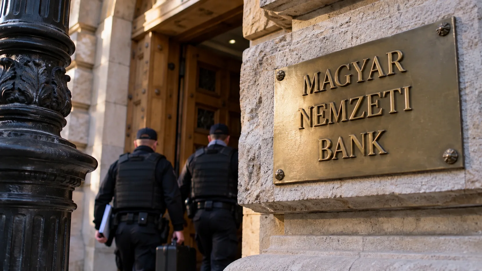 A Magyar Nemzeti Bank bejárata előtt nyomozókat ábrázoló illusztráció.