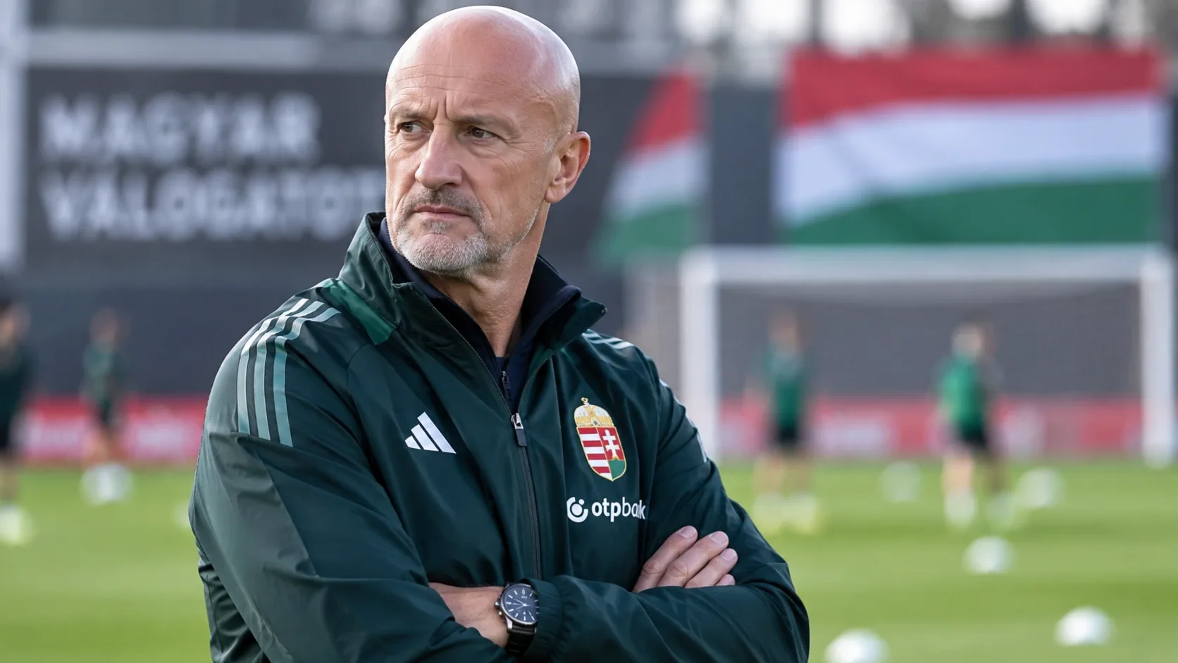 Marco Rossi szövetségi kapitány futballpályán – illusztráció a magyar labdarúgó-válogatott kerethirdetéséhez.