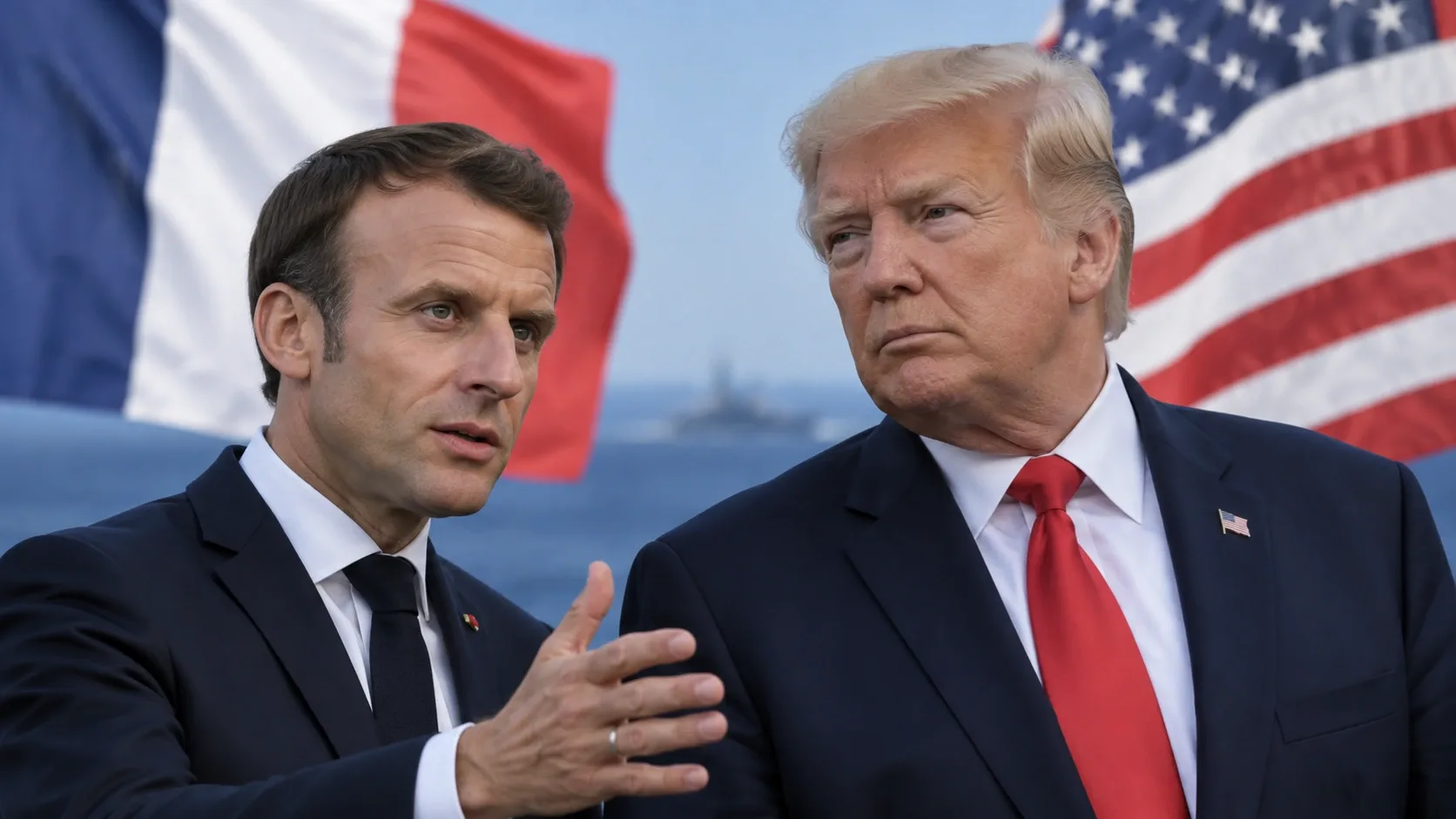 Emmanuel Macront és Donald Trumpot ábrázoló illusztráció francia és amerikai zászlókkal.
