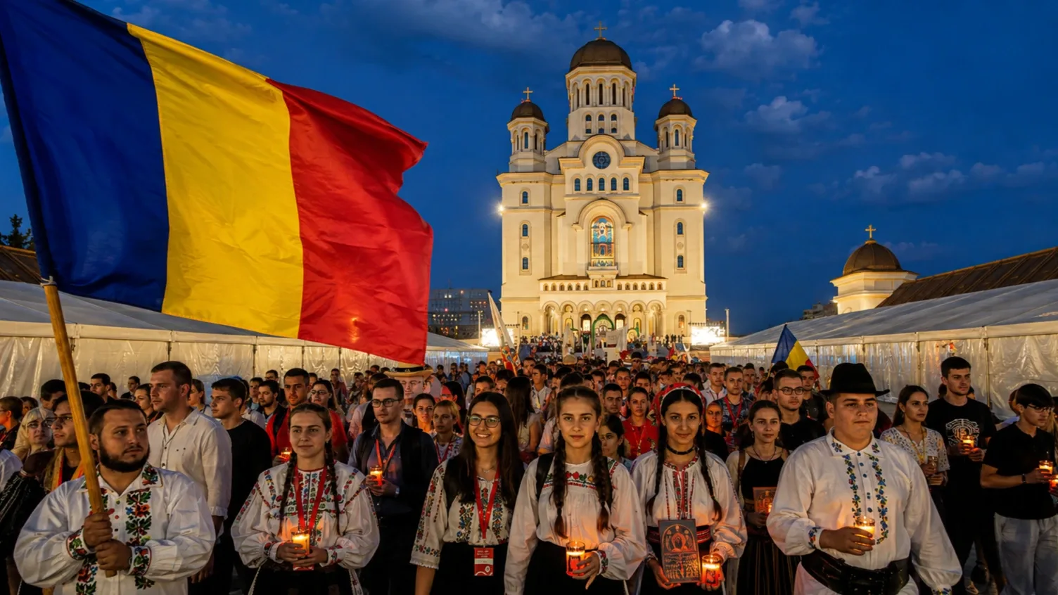Fiatalok gyertyás felvonulása egy bukaresti ortodox katedrális előtt, román zászlókkal és ünnepi tömeggel.