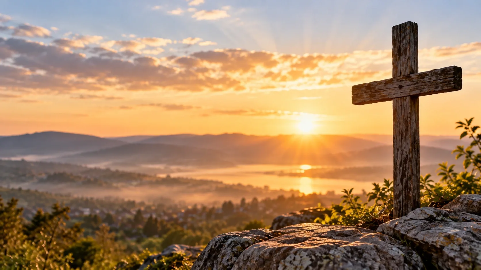 Kereszt egy hegytetőn a felkelő nap fényében, a hitet és az új kezdetet jelképezve.