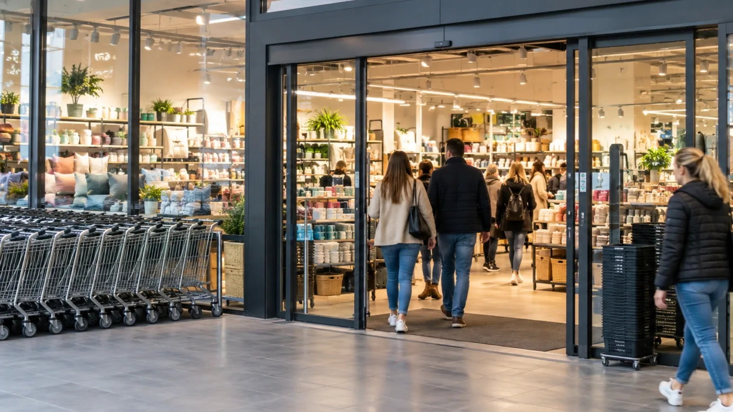 Modern diszkontüzlet bejárata vásárlókkal és bevásárlókocsikkal, illusztráció egy új magyarországi üzletlánc érkezéséről.