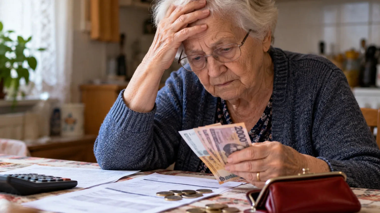 kérek altot Idős, ősz hajú nő otthonában, konyhaasztalnál ülve forintbankjegyeket számol, előtte számlák, aprópénz és számológép, arcán aggodalommal.