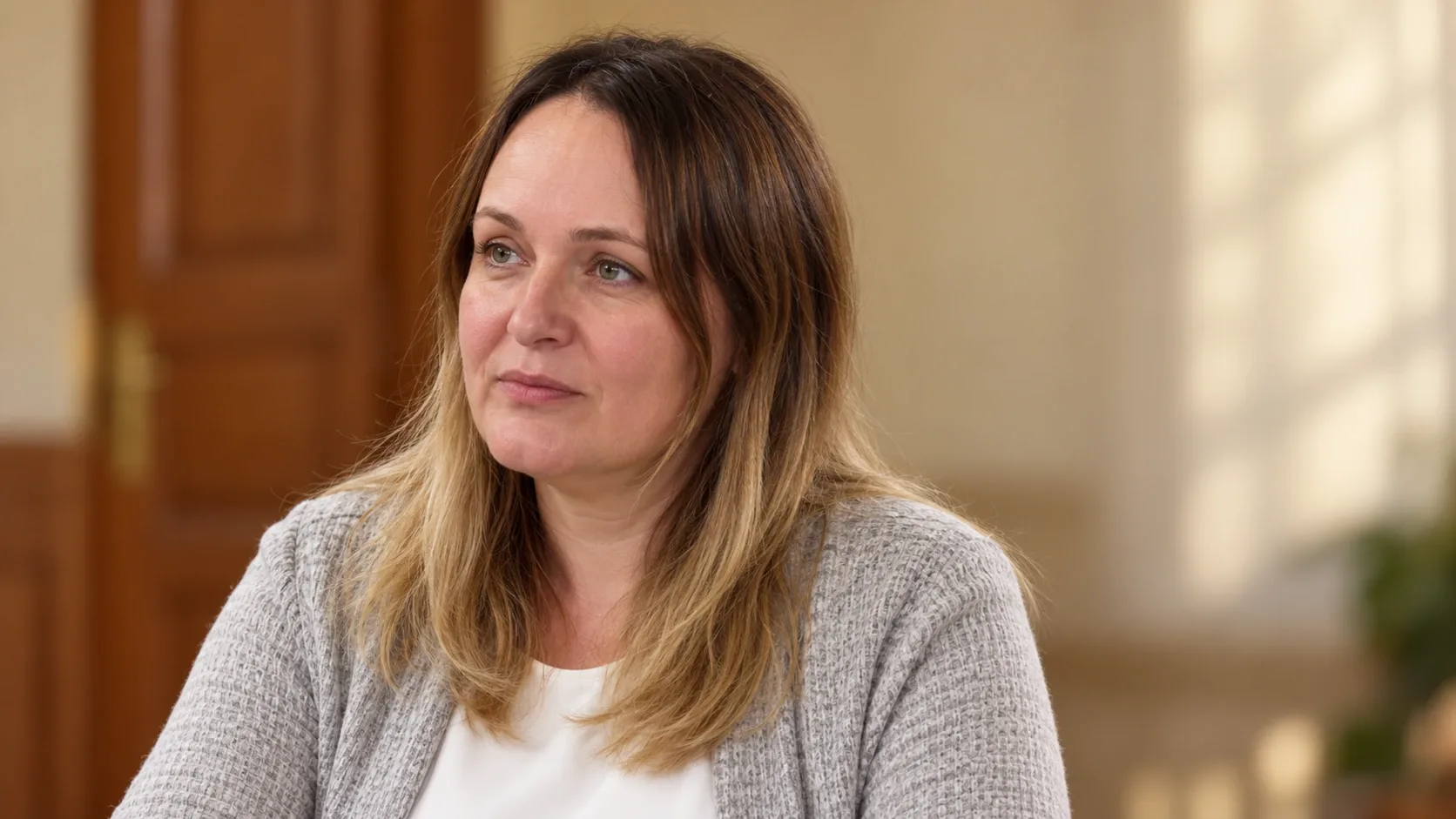 Hankóné Hrágyel Zsuzsanna generált portréja, világos felsőben és szürke kardigánban.