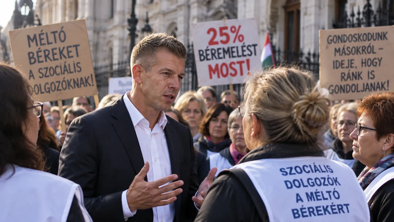 AI-generált illusztráció Magyar Péterről és a 25 százalékos béremelést követelő szociális dolgozók demonstrációjáról.