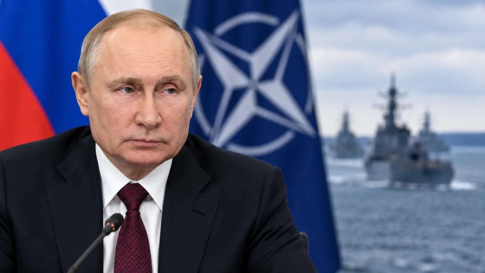 Vlagyimir Putyin orosz elnök, háttérben a NATO jelképe és hadihajók a tengeren.