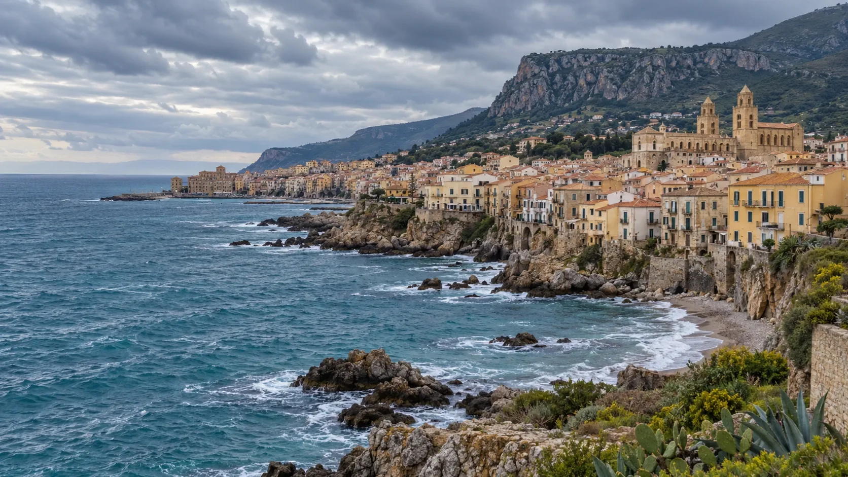 Sziklás tengerpart, mediterrán épületek és hullámzó tenger borús ég alatt.