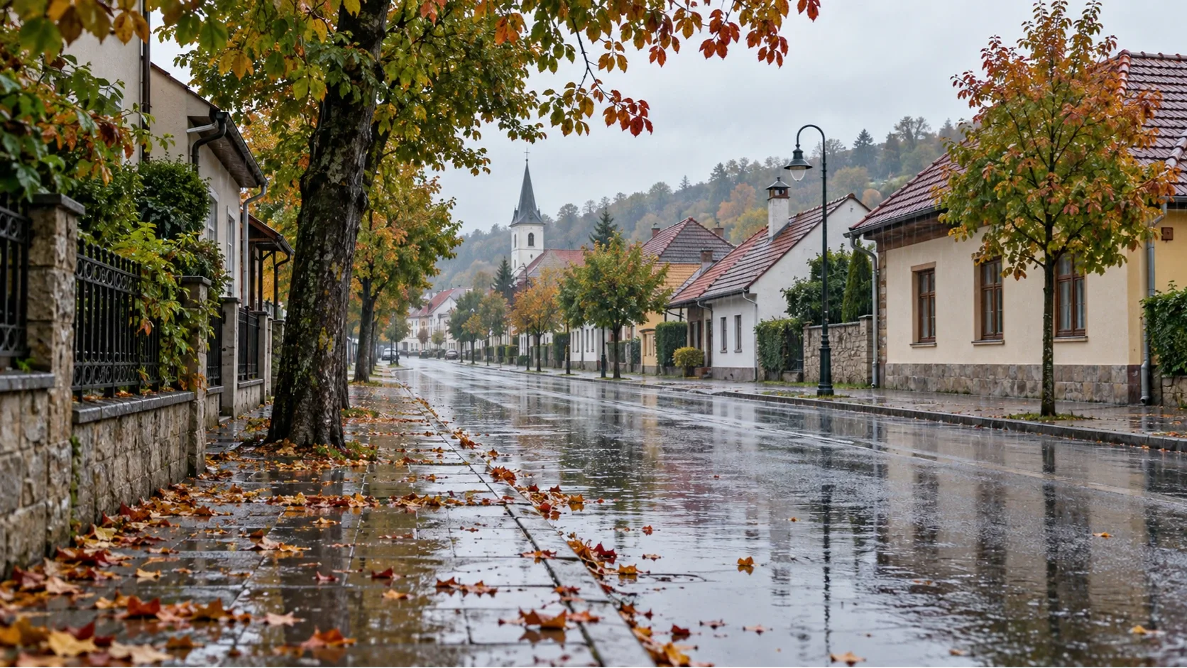 Esős, őszi utca nedves járdával, lehullott levelekkel és családi házakkal.