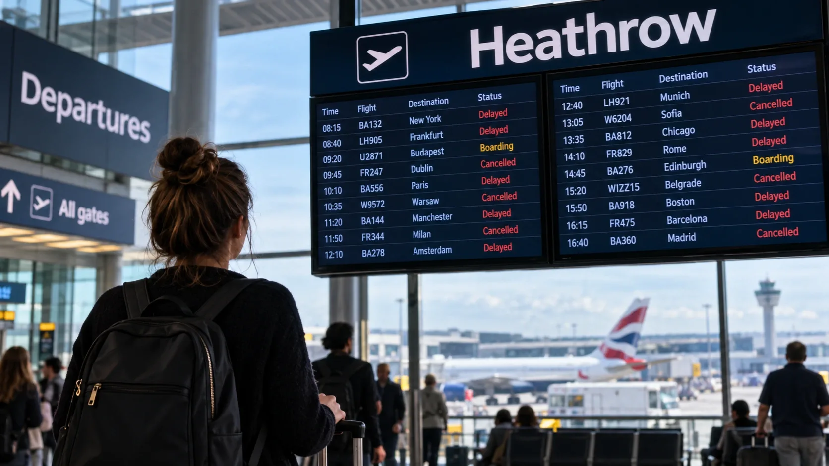 AI-generált illusztráció a londoni Heathrow repülőtér indulási csarnokáról és a késéseket, illetve járattörléseket jelző kijelzőkről.