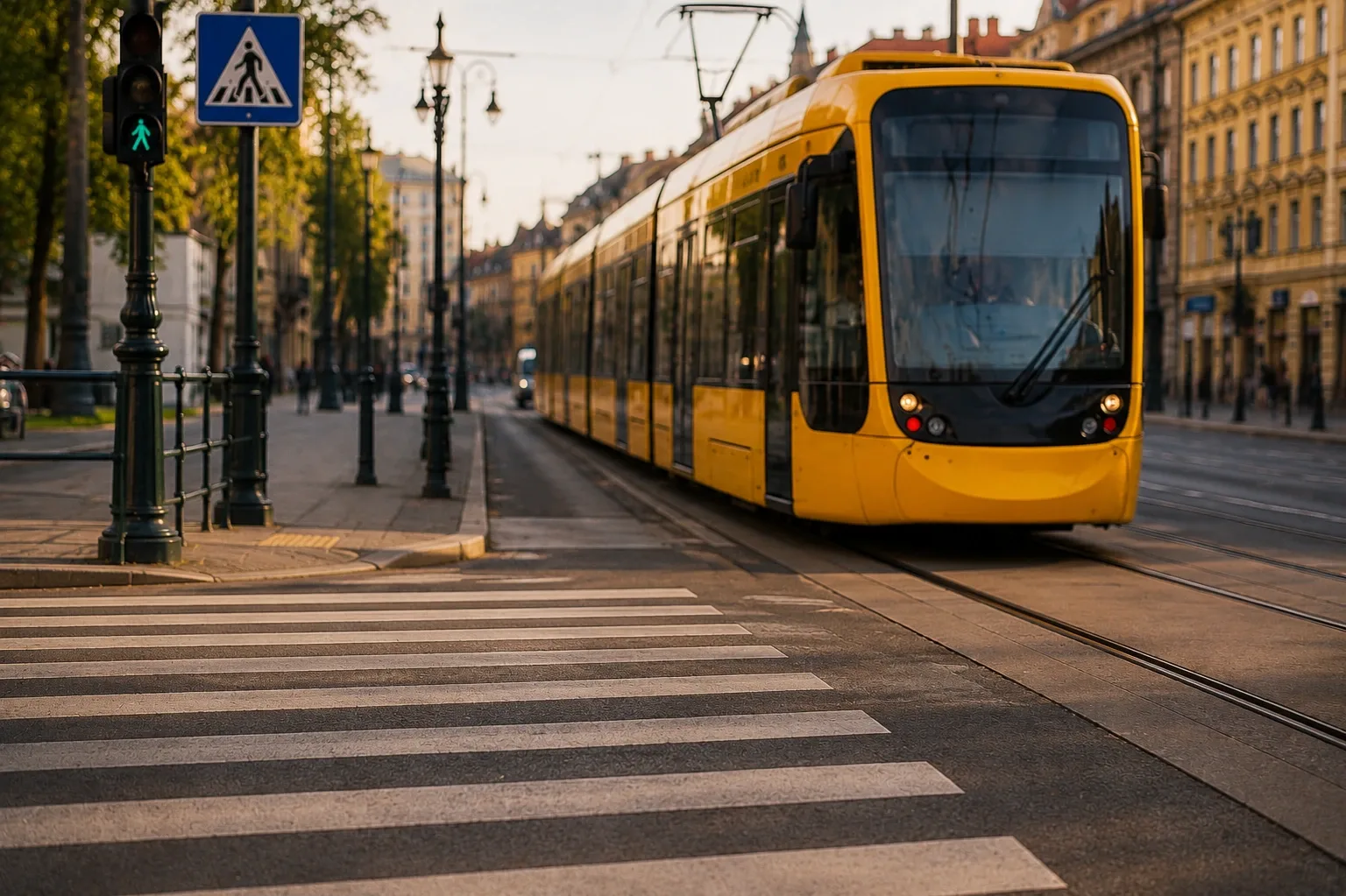 Sárga villamos egy városi zebránál – AI-generált illusztráció.
