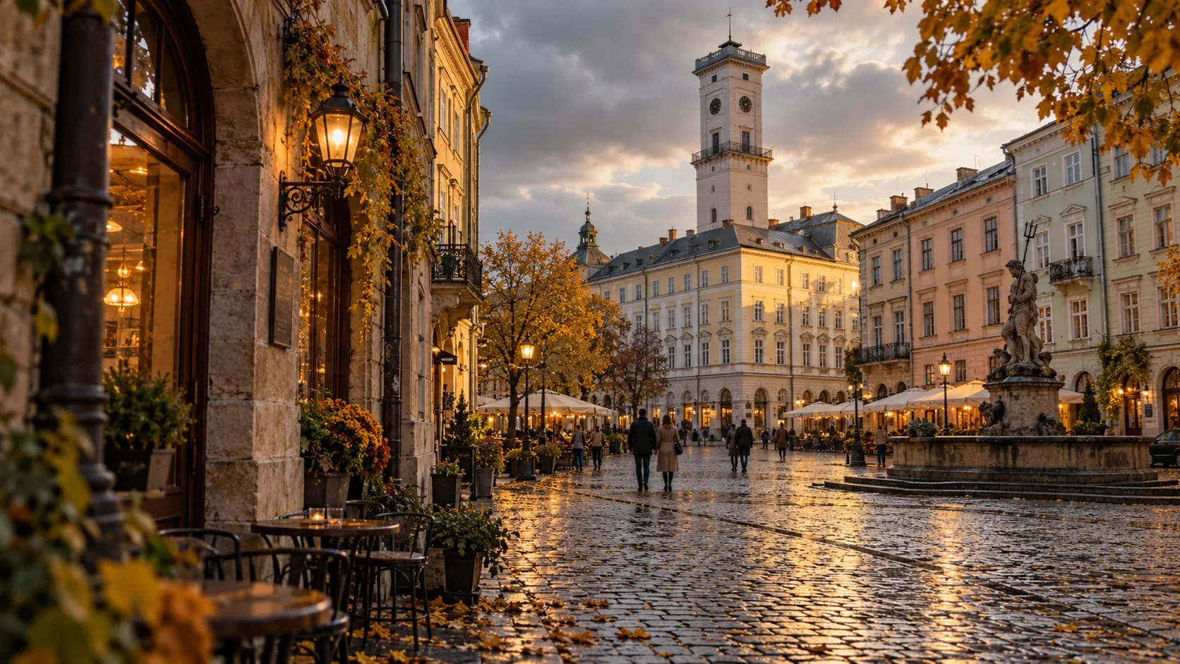 Őszi óvárosi tér macskakövekkel, történelmi épületekkel és óratoronnyal, meleg esti fényben.