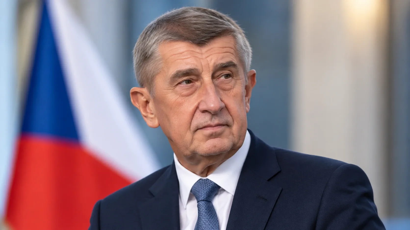 Andrej Babišt ábrázoló portréillusztráció sötét öltönyben, háttérben a cseh zászlóval.