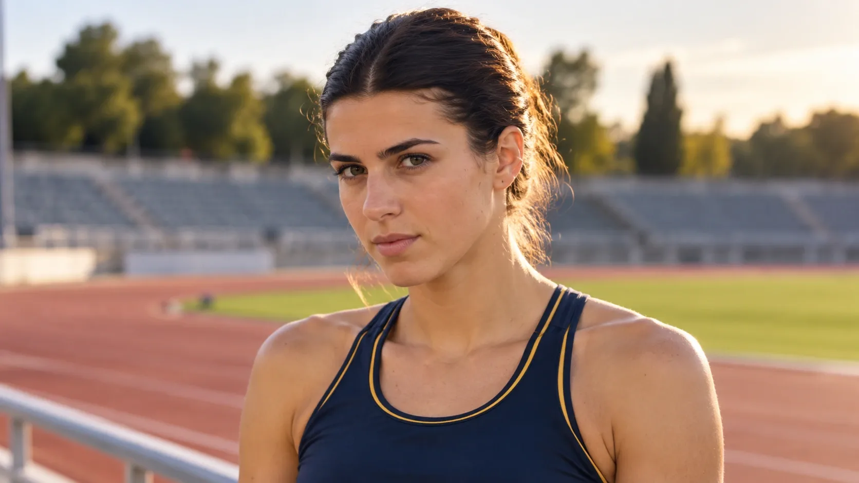 Julieta Gallego megjelenését idéző, AI-generált sportolói portré atlétikapálya előtt.