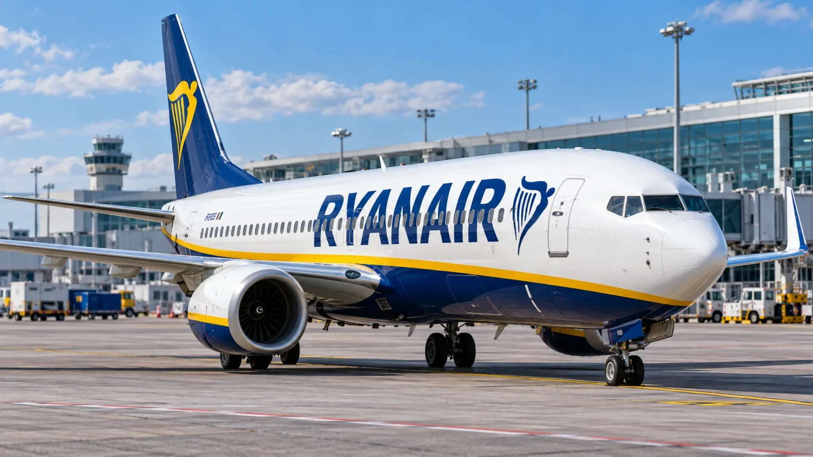 Ryanair-festésű utasszállító repülőgép egy repülőtéri terminál előtt, MI-illusztráción.