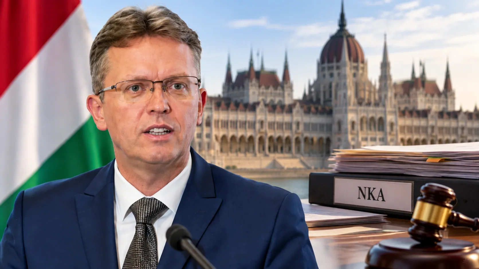 AI-generált illusztráció Hankó Balázsról, háttérben az Országházzal, előtérben NKA feliratú iratokkal.