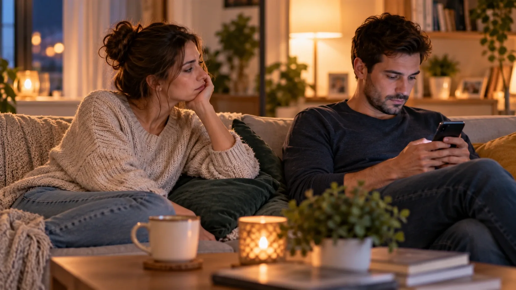 Egy pár ül a kanapén, miközben a férfi a telefonját nézi.