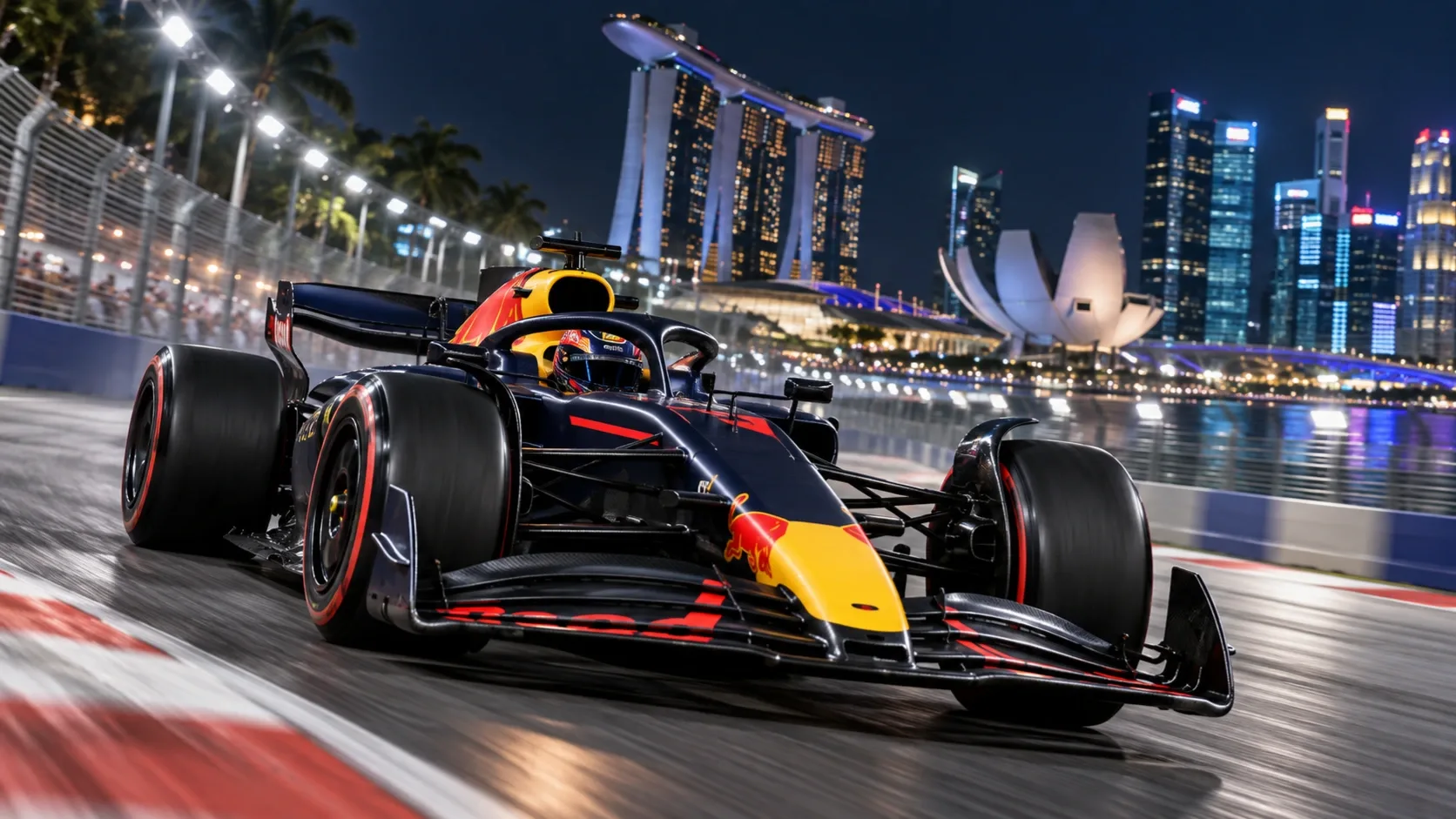 Red Bull-színeket idéző Forma–1-es versenyautó egy kivilágított pályán, háttérben Szingapúr éjszakai városképével.