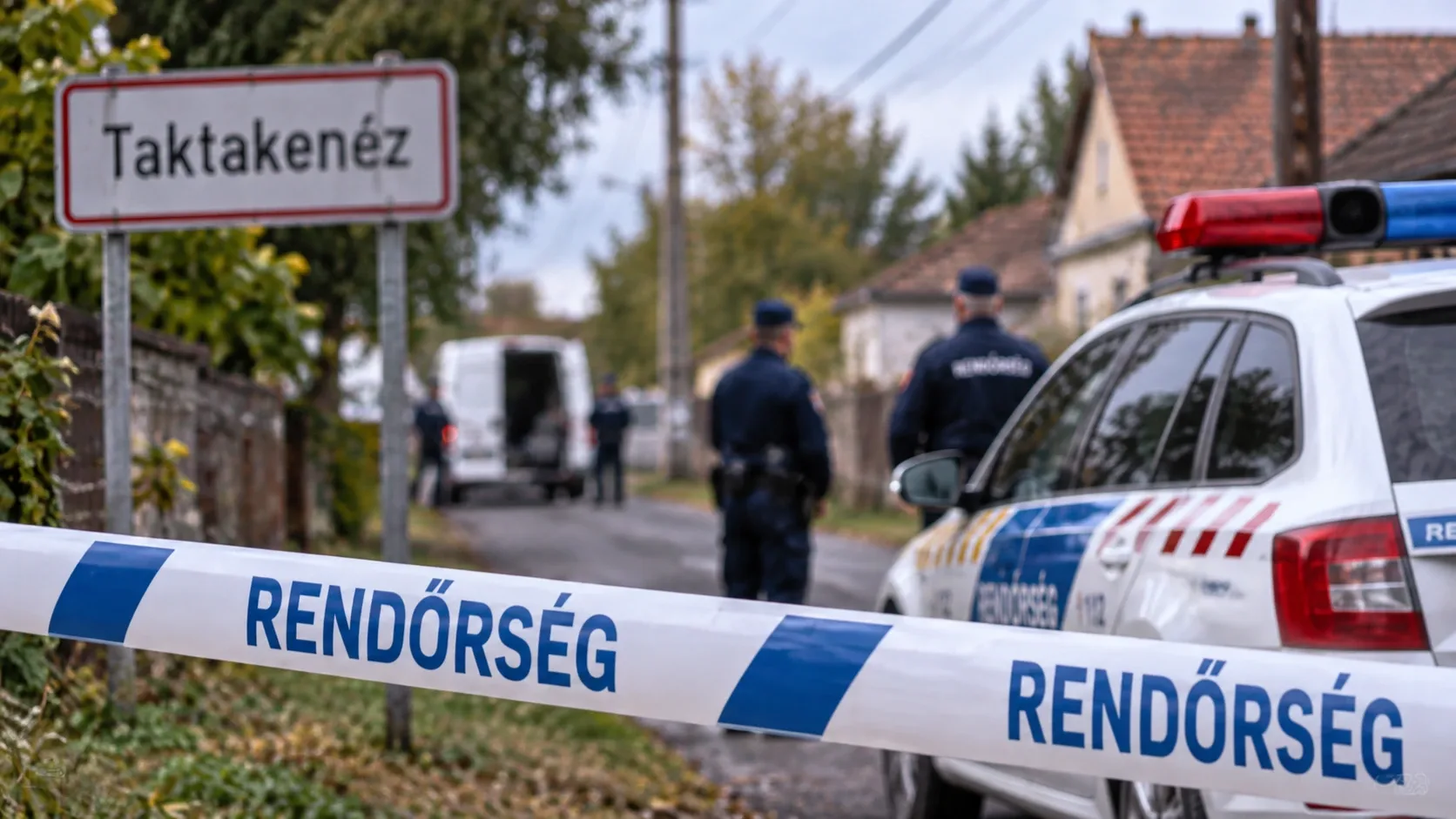 Rendőrségi helyszínelést ábrázoló illusztráció Taktakenézen, rendőrautóval és rendőrségi kordonszalaggal.