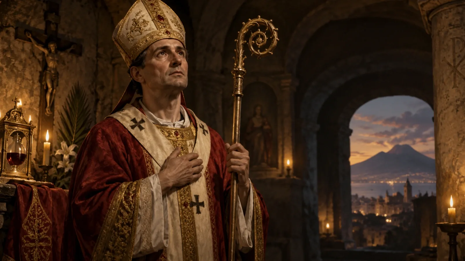 Szent Januáriusz püspök és vértanú gyertyafényes templombelsőben, Nápoly látképével a háttérben
