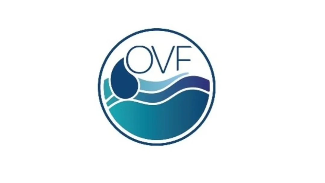 Az Országos Vízügyi Főigazgatóság (OVF) hivatalos logója fehér háttéren, kék és türkiz színű hullámmotívummal.