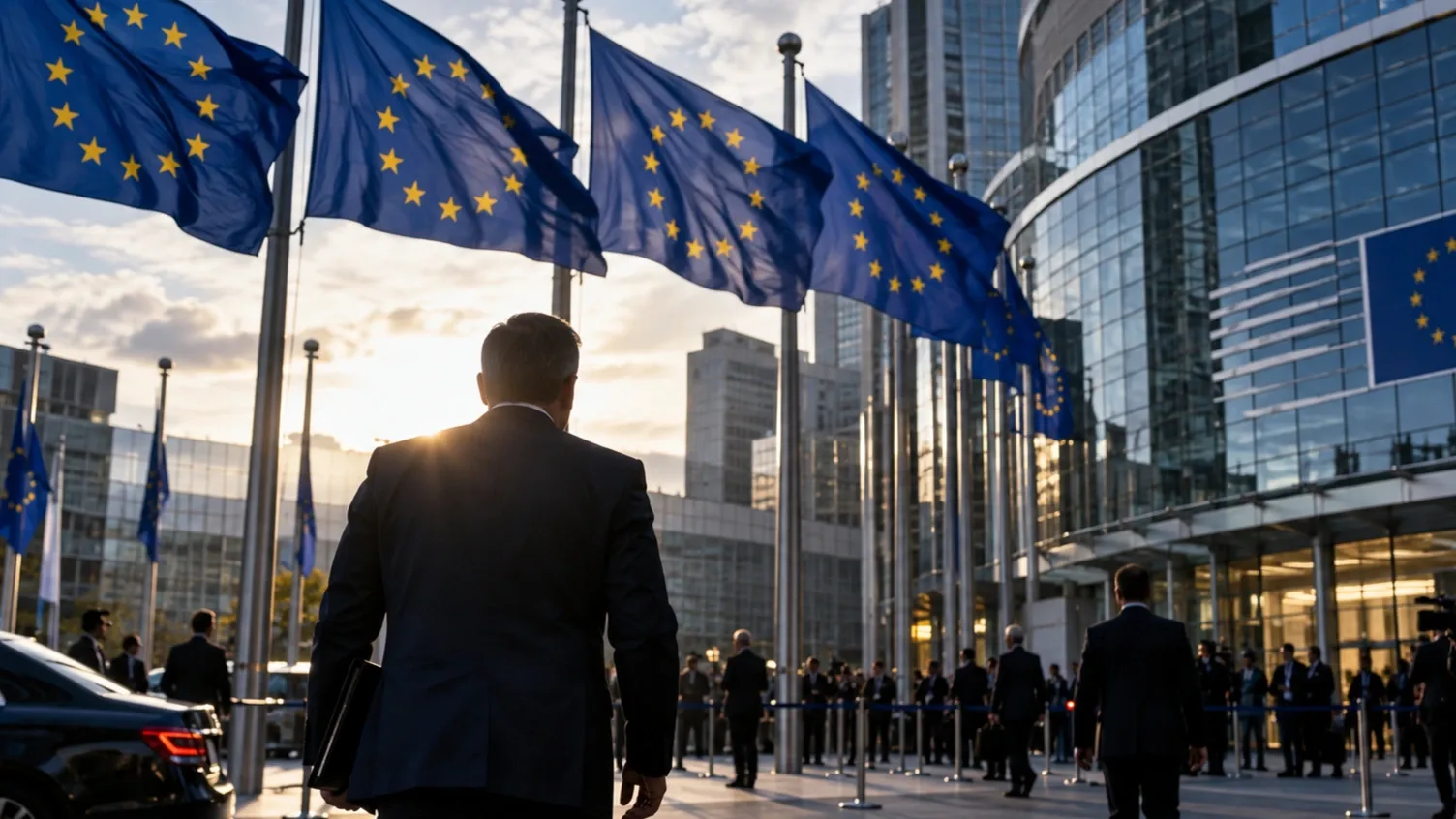 Európai uniós zászlók lobognak Brüsszelben, az Európai Parlament épülete előtt, miközben egy öltönyös férfi a bejárat felé tart.