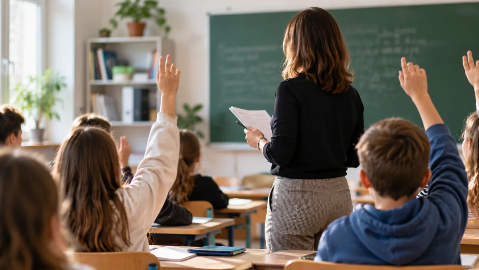 Pedagógus tanítás közben egy osztályteremben, jelentkező diákokkal – AI-generált illusztráció