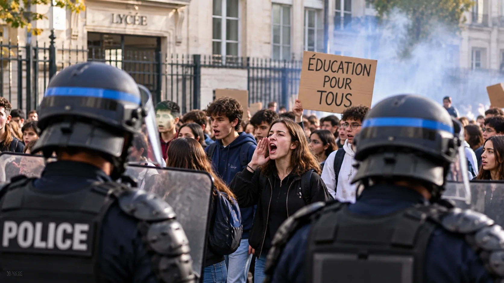 Francia középiskolások tüntetnek rendőrök előtt egy iskola bejáratánál – illusztráció