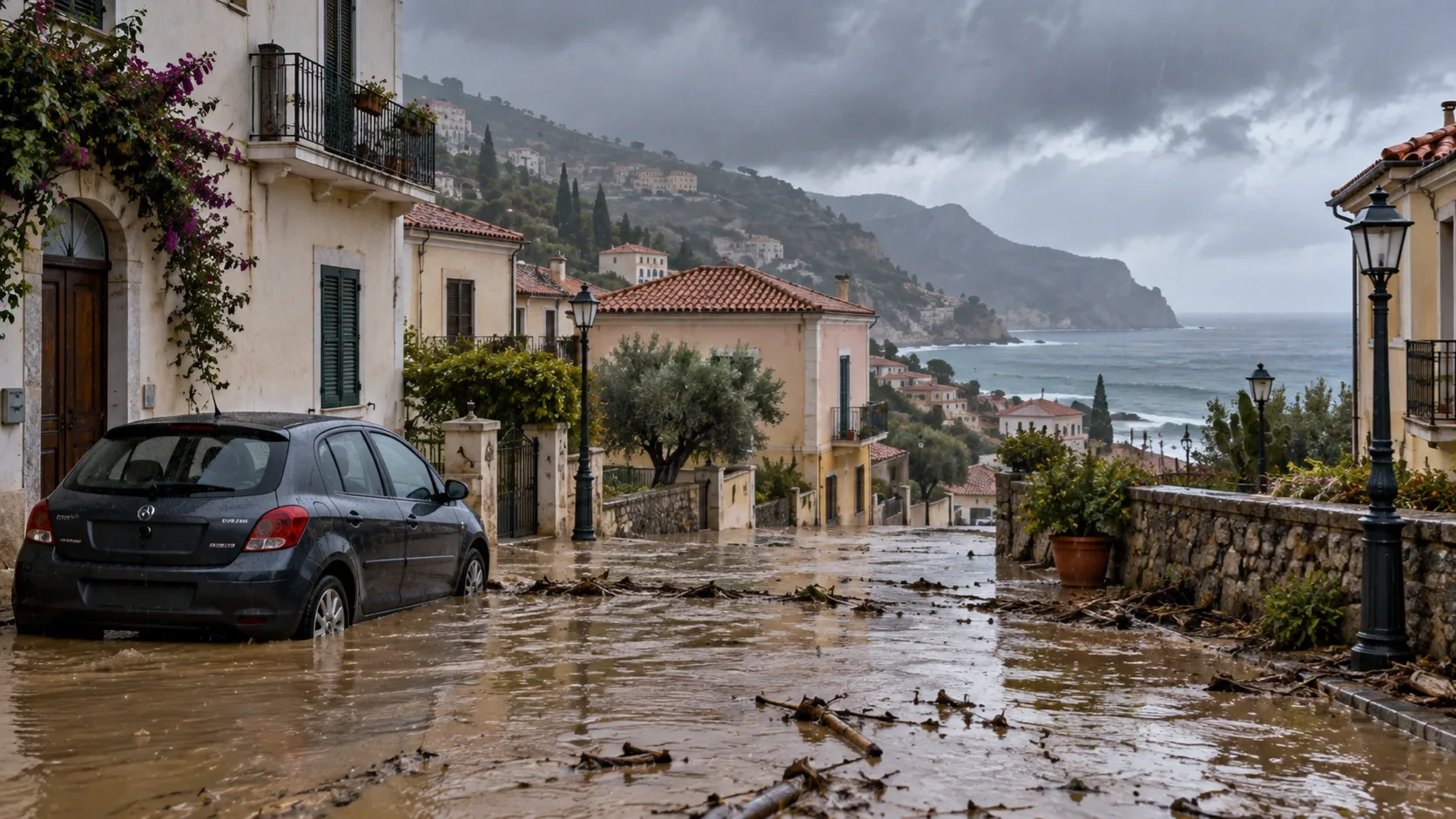 Sáros vízzel elöntött mediterrán utca, részben vízben álló autóval és tengerparti háttérrel.