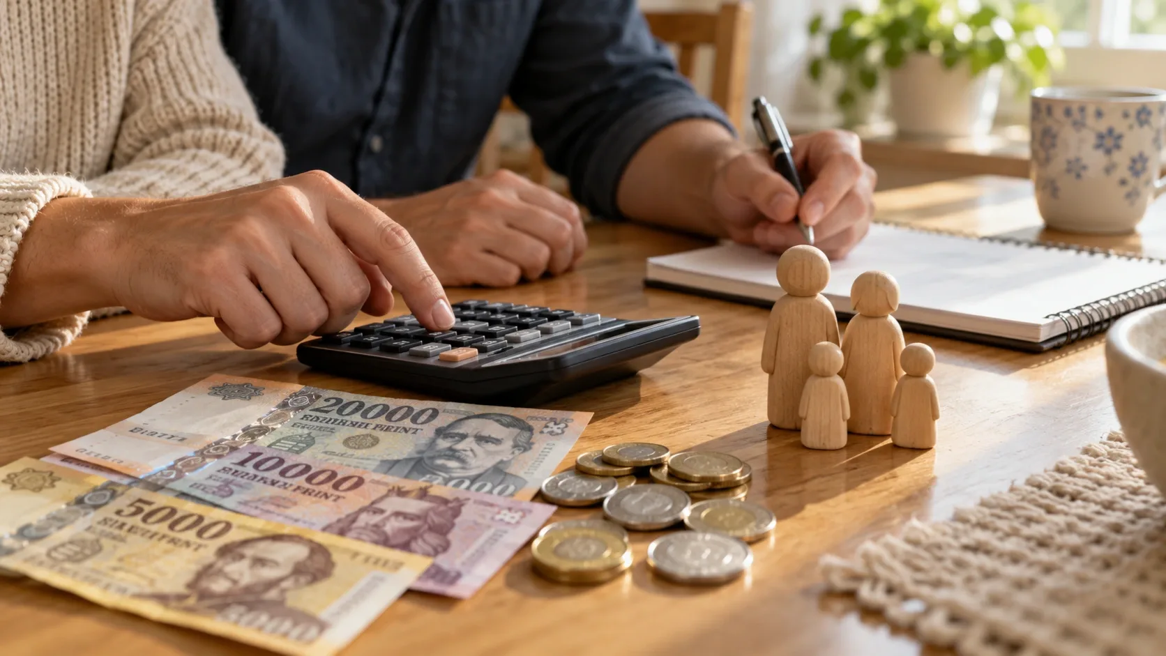 Számológéppel és jegyzetfüzettel tervező pár keze, az asztalon forintbankjegyek, érmék és családot jelképező fafigurák.