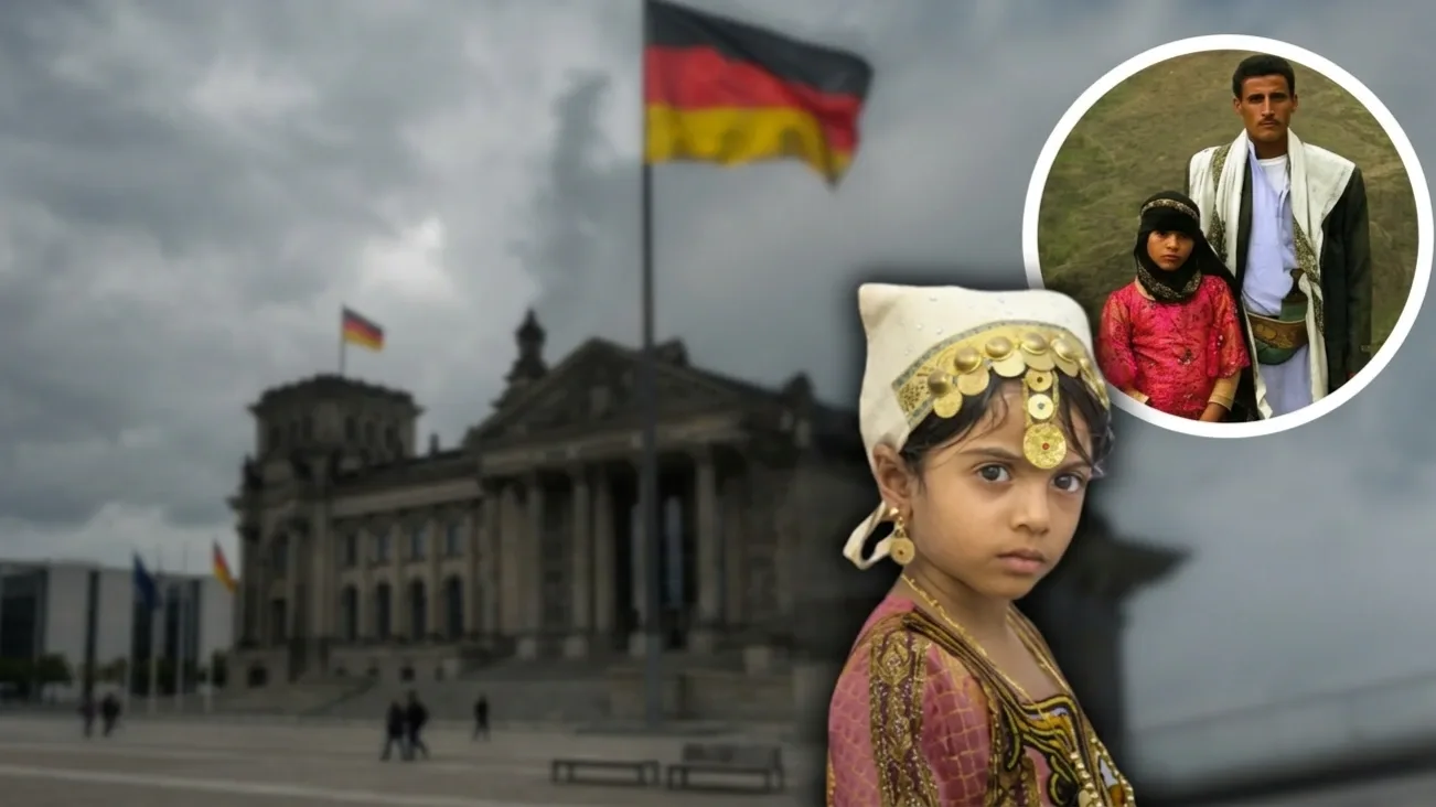 Illusztráció a németországi migráció és kultúrák találkozásának témájához: Bundestag, német zászló és közel-keleti népviseletben lévő szereplők.