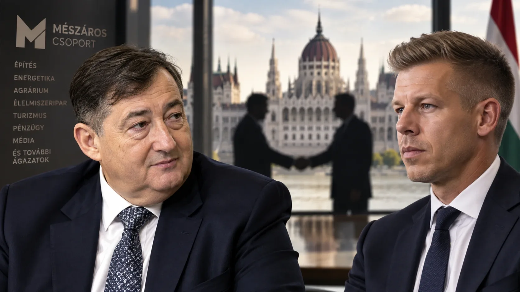 Mészáros Lőrinc és Magyar Péter a Mészáros Csoport és az új kormány együttműködését szemléltető illusztráción