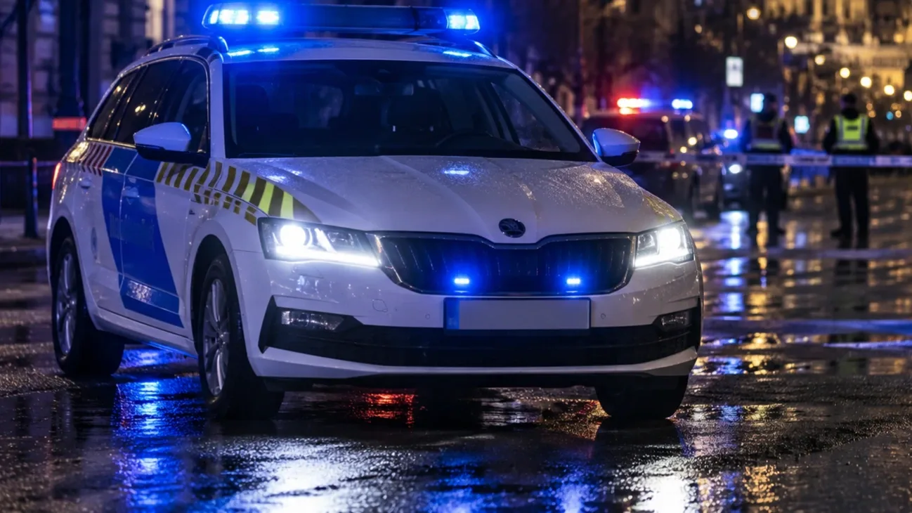 Rendőrautó villogó kék fényekkel egy esős, lezárt budapesti utcán éjszaka, háttérben rendőri kordon és elmosódva a Parlament épülete.