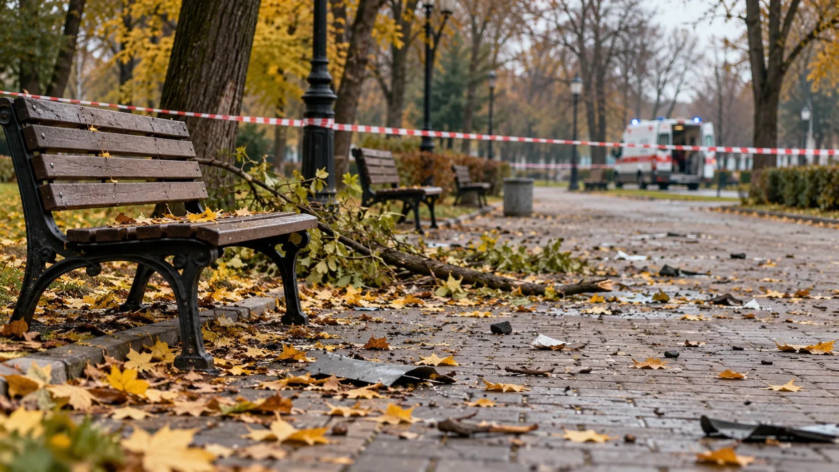 Üres padok és letört ágak egy kordonszalaggal lezárt őszi parkban, a háttérben mentőautó áll.